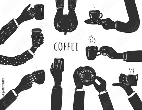 Human hands with cups of coffee set