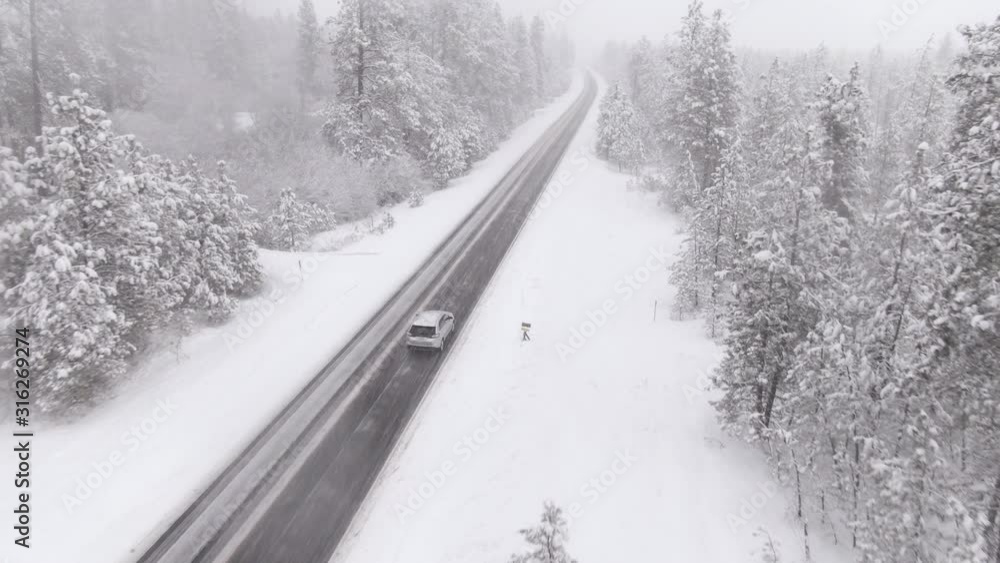 AERIAL: Silver car drives down a snowy country road leading through a pine forest in Spokane, Washington. Commuter on their way to work gets caught in a severe snowstorm. Dangerous driving conditions. AERIAL: Silver car drives down a snowy country road leading through a pine forest in Spokane, Washington. Commuter on their way to work gets caught in a severe snowstorm. Dangerous driving conditions.
