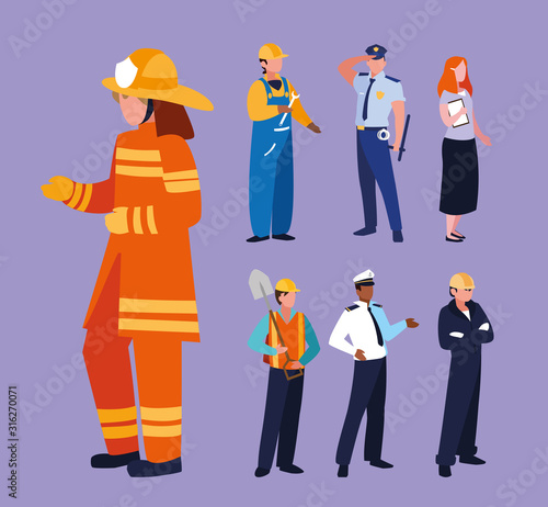 set of professions people with uniform of work