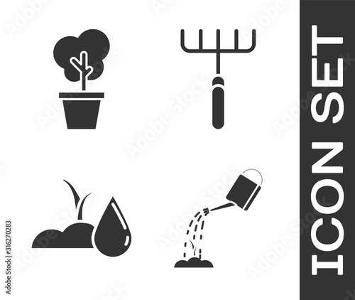 Set Watering can with water, Tree in pot, Watering sprout and Garden rake icon. Vector