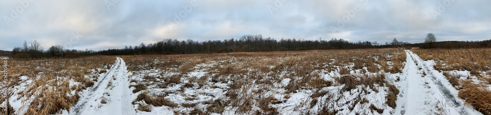 Panoramic view with winter landscape and snow road