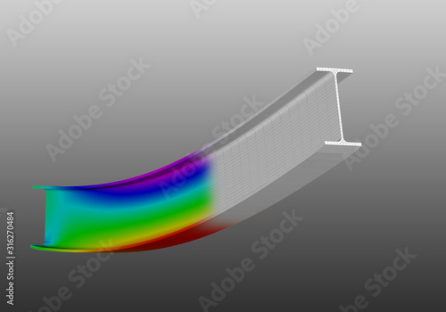 A simple supported I-beam bending under uniform distributed load. Isometric view 3D Illustration of mesh deformation and plot of normal stresses from finite element analysis on grey gradient backround