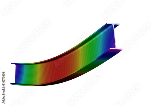 A simple supported I-beam bending under uniform distributed load. Isometric view 3D Illustration of mesh deformation and plot of deflections from finite element analysis on white backround