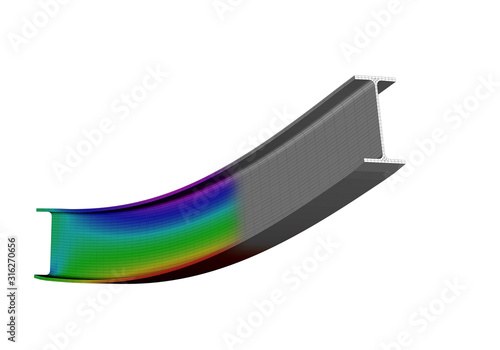 A simple supported I-beam bending under uniform distributed load. Isometric view 3D Illustration of mesh deformation and plot of normal stresses from finite element analysis on white backround