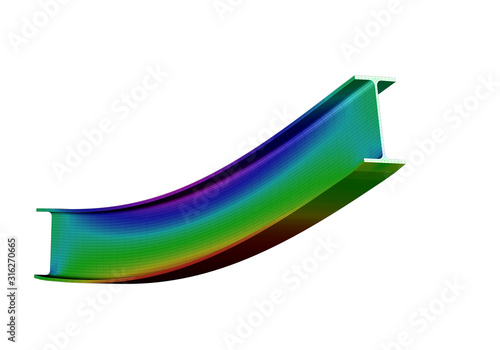A simple supported I-beam bending under uniform distributed load. Isometric view 3D Illustration of mesh deformation and plot of normal stresses from finite element analysis on white backround