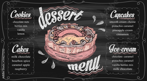 Chalk dessert menu template on a chalkboard - cupcakes, cakes, ice-cream and cookies.