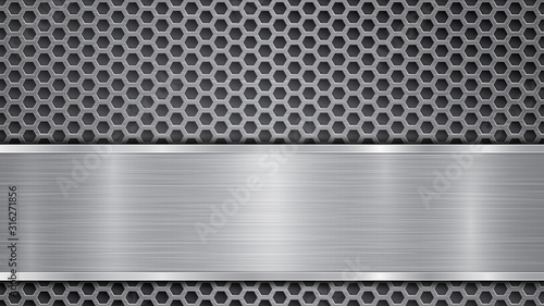 Background in gray colors, consisting of a metallic perforated surface with holes and a polished plate with metal texture, glares and shiny edges