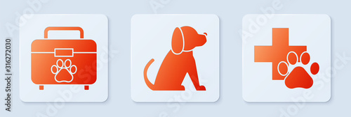 Set Dog, Pet first aid kit and Veterinary clinic symbol. White square button. Vector