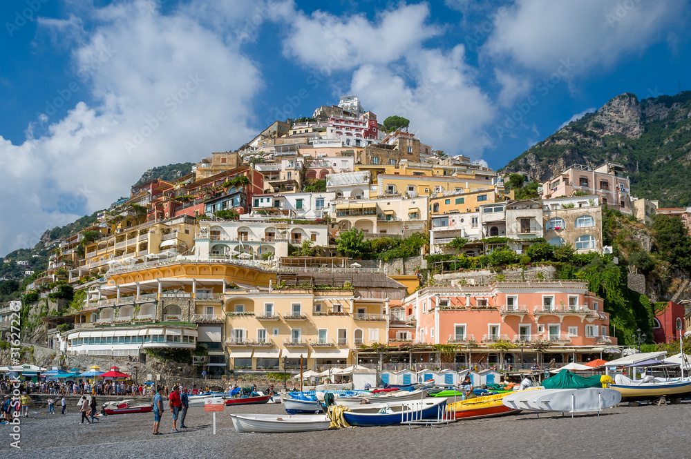 Small fisherman's boats at Positano beach. Amalfi coast, Italy.