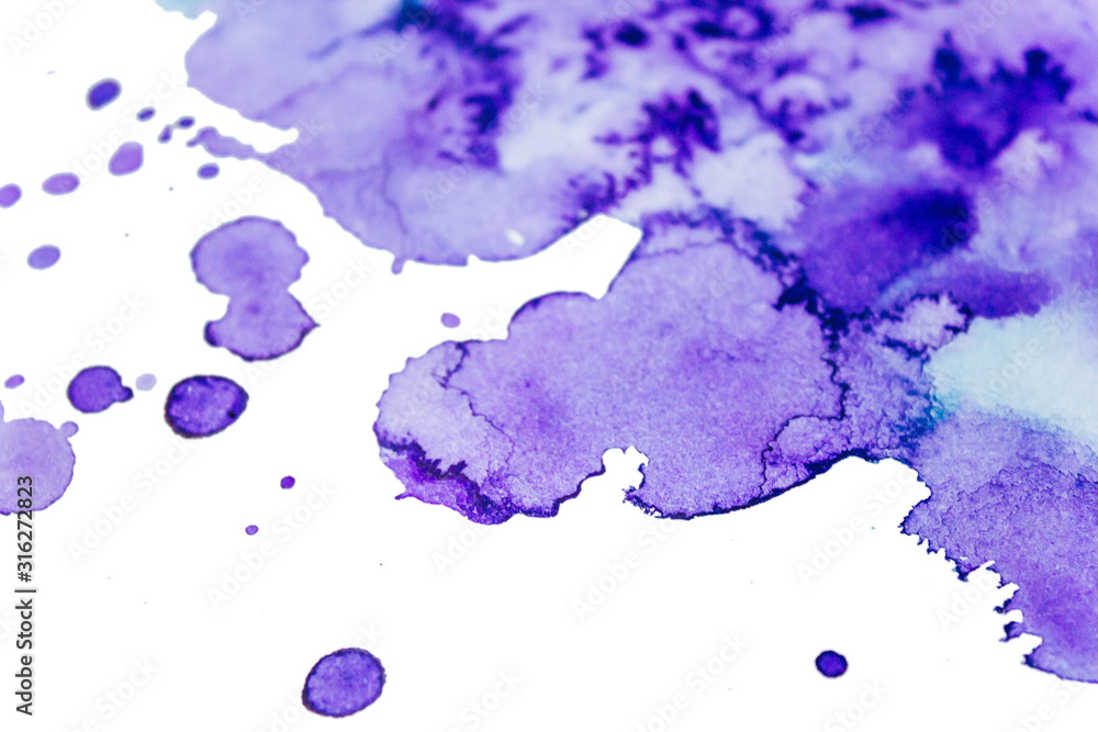 Abstract watercolor blot with splashes on a white background. Figure paints in blue-violet colors. Big stain on paper. Texture for design