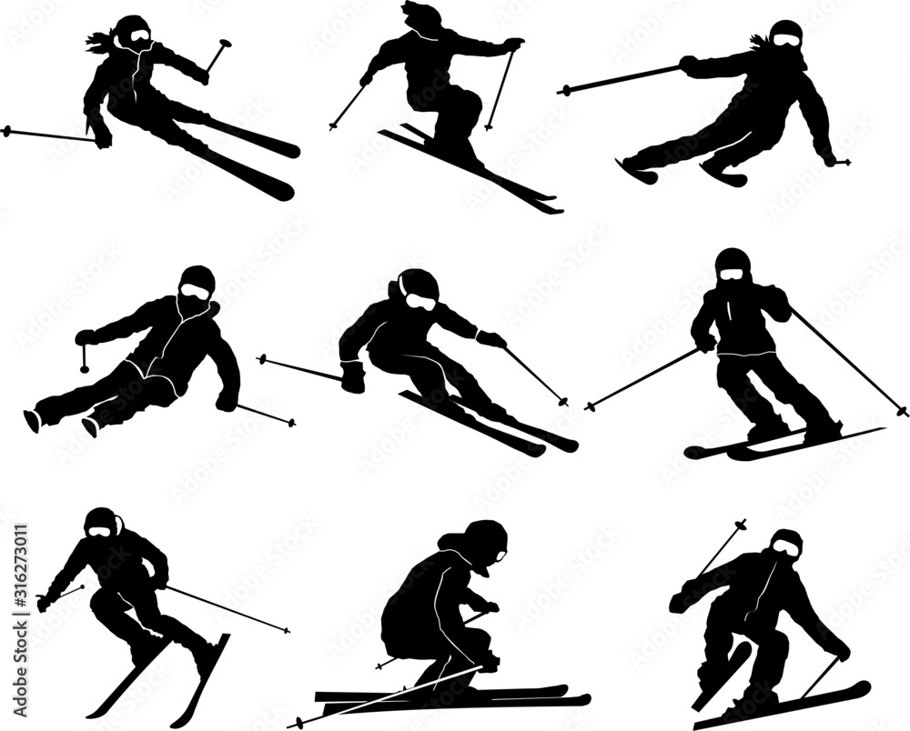 Naklejka premium Ski Driver People Set Vector Silhouette