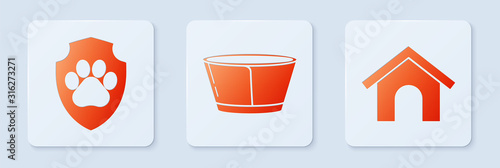 Set Protective cone collar, Animal health insurance and Dog house. White square button. Vector