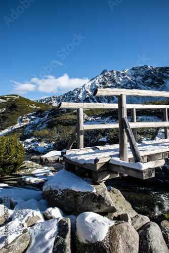 Fototapeta Naklejka Na Ścianę i Meble -  Drewniany most w górach. Szlak w Dolinie Pięciu Stawów. Góry. Tatry. Polska. mostek nad potokiem Roztoka