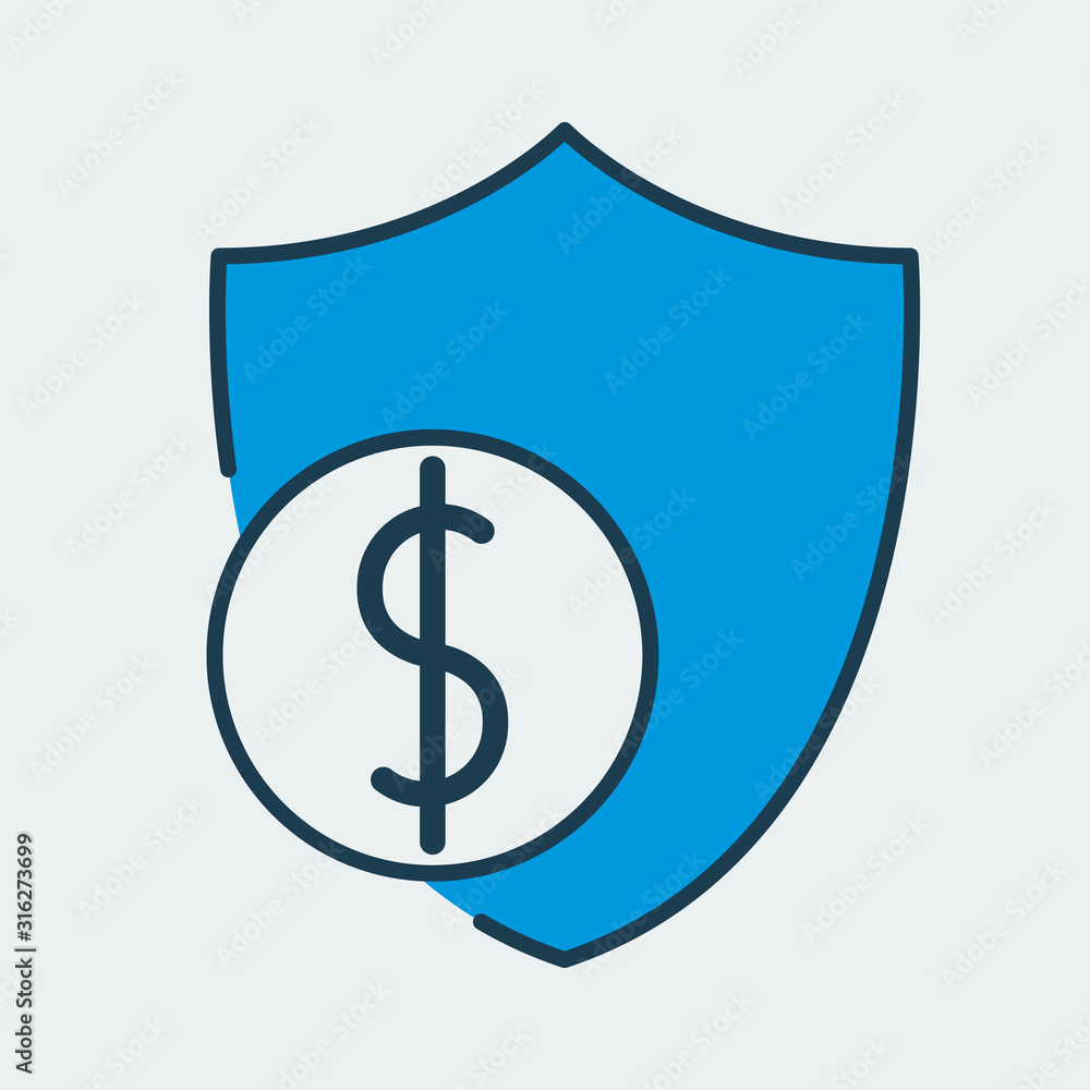 Vector icon made of shield and illustration of a dollar coin on it. It represents business protection and financial security Vector icon made of shield and illustration of a dollar coin on it. It represents business protection and financial security