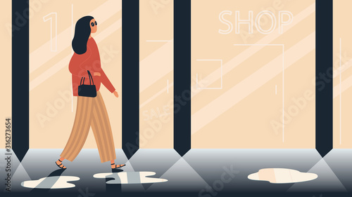 Vector illustration of a stylish girl walking down the street in the evening through fashion store and boutique
