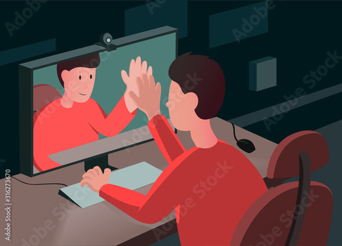 Vector illustration of a man sitting at the desk and watching his reflection in the monitor
