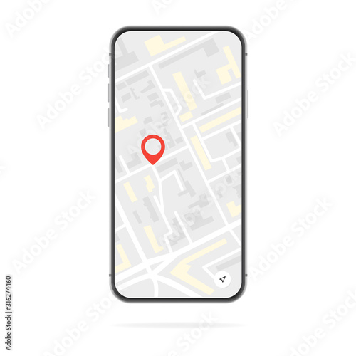 Smartphone with a map on the phone screen and a red GPS dot, isolated on a white background. Vector illustration of location search