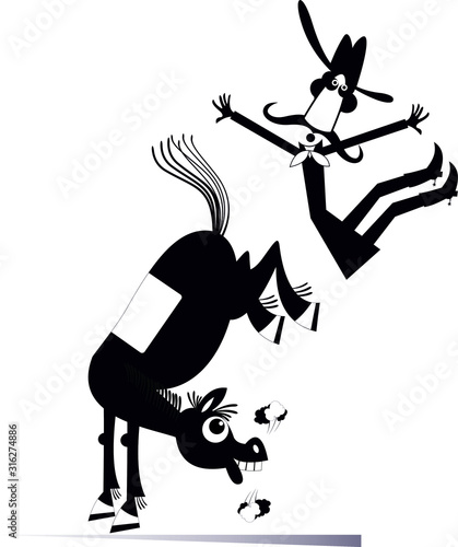 Cartoon rider falls from the horse isolated illustration. Funny horse kicks a falling down long mustache man or cowboy black on white 