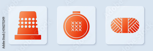 Set Round adjustable embroidery hoop, Thimble for sewing and Sewing thread on spool. White square button. Vector