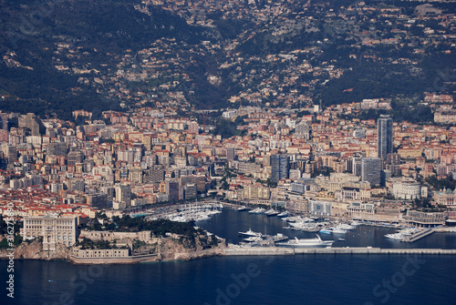 Aerial shot of the Oceanographic museum and harbour of the Principality of Monaco taken from an aeroplane