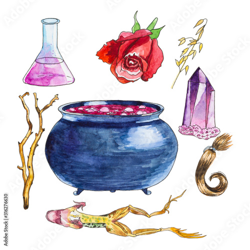 Hand drawn watercolor cauldron with love potion and ingredients. (Isolated on white background) photo