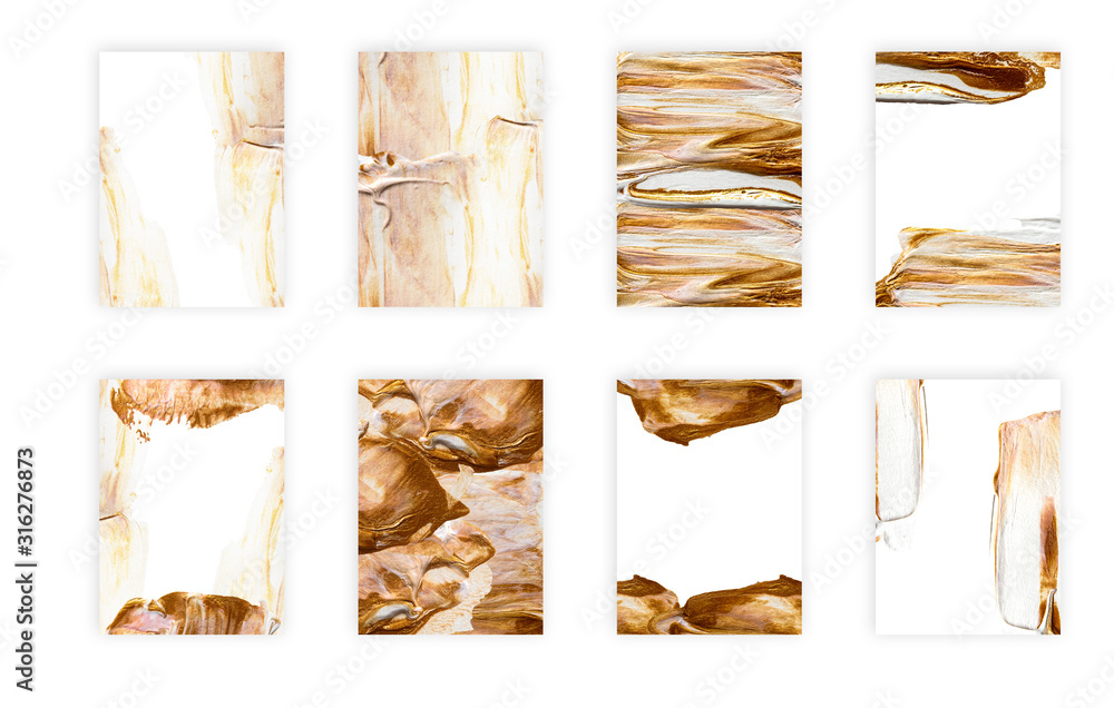 Set of acryl abstract hand painted backgrounds. Gold textured acrylic paper collection. Perfect for wedding invitation template, greeting card, poster, blog design.