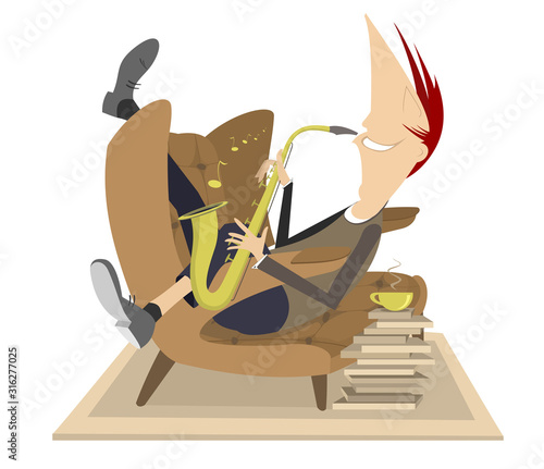 Canvas Print Man, saxophone, armchair and a cup of coffee illustration