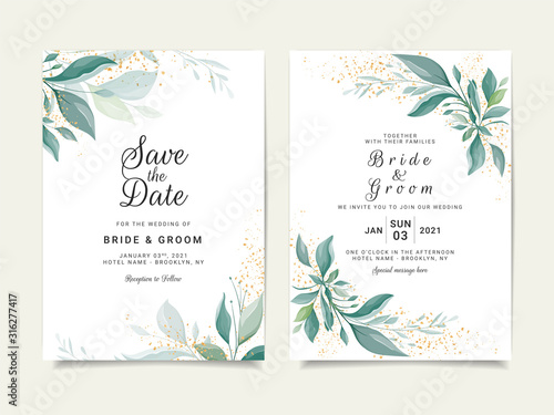 Beautiful greenery wedding invitation card template design with elegant leaves frame and glitter. Floral greenery illustration decoration for event, cover, poster vector