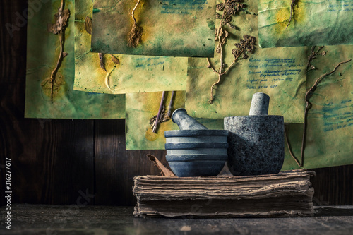 Фотография Old herbalist workshop with dried herbs and flowers