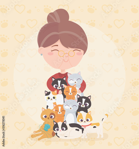 elderly woman hugs cats pets domestic