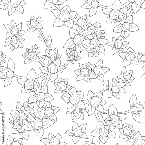 Vector seamless black outline repeat floral pattern 