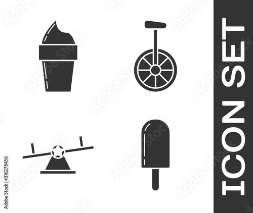 Set Ice cream, Ice cream in waffle cone, Seesaw and Unicycle or one wheel bicycle icon. Vector
