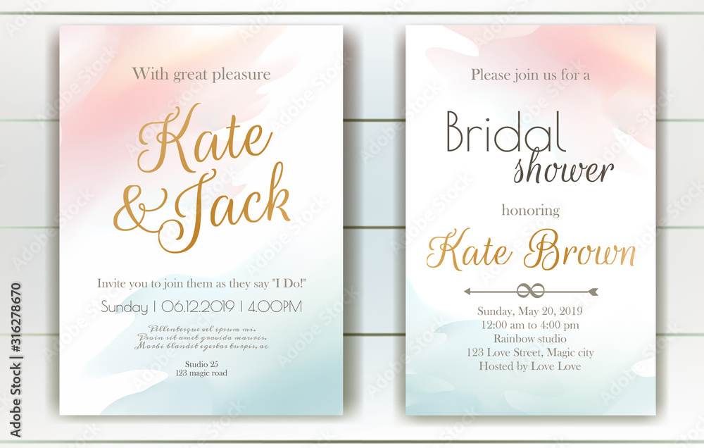 Set of vector delicate invitations with abstract background for wedding, marriage, bridal shower, birthday,