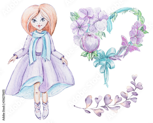 Watercolor cartoon cute fantasy girl illustration on white background. Perfect for baby print, kids room decor, pattern, fabric, textile design, wrapping paper, scrapbooking, poster, blog.