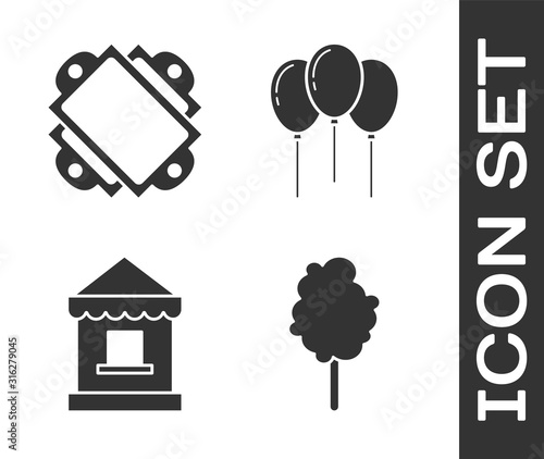 Set Cotton candy, Ticket, Ticket box office and Balloons with ribbon icon. Vector