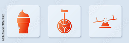 Set Unicycle or one wheel bicycle, Ice cream in waffle cone and Seesaw. White square button. Vector
