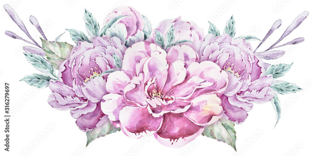 Watercolor pink peonies composition. Floral illustration in pastel bright colors. Bouquet of flowers isolated on white background. Romantic wreath can be used for wedding invitation, greeting card