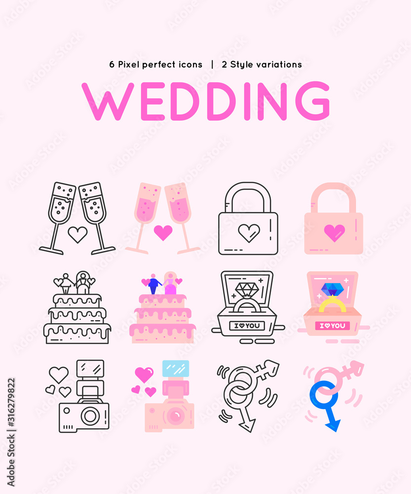 Wedding and love vector icon set. Outline and flat style Wedding and love vector icon set. Outline and flat style