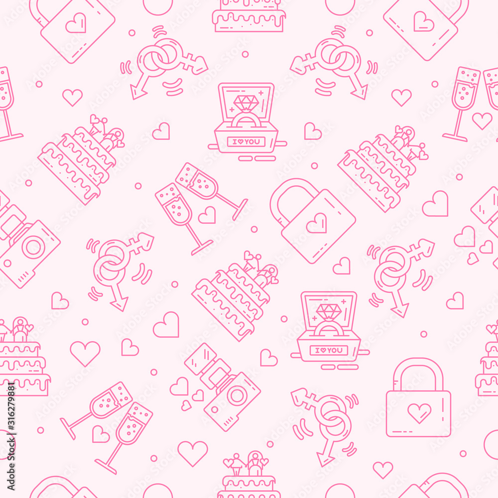 Wedding and love seamless pattern with hearts. cake, ring icon Wedding and love seamless pattern with hearts. cake, ring icon