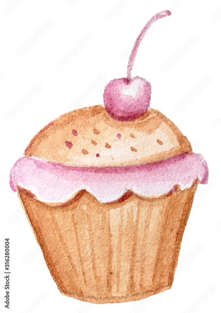 Watercolor hand painted cartoon cupcake with cherry. Cute illustration for pattern, print, poster, textile, fabric, scrapbooking, greeting card