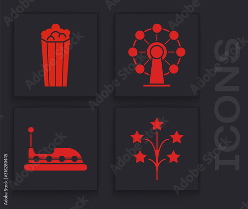 Set Fireworks, Popcorn in cardboard box, Ferris wheel and Bumper car icon. Vector