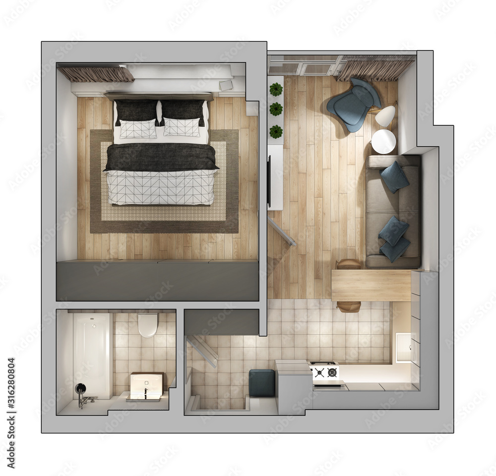 Plan of a small apartment top view 3D perspective Иллюстрация Stock | Adobe  Stock