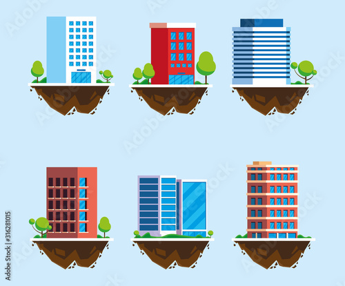 set of icons of buildings over terrain, urban landscape