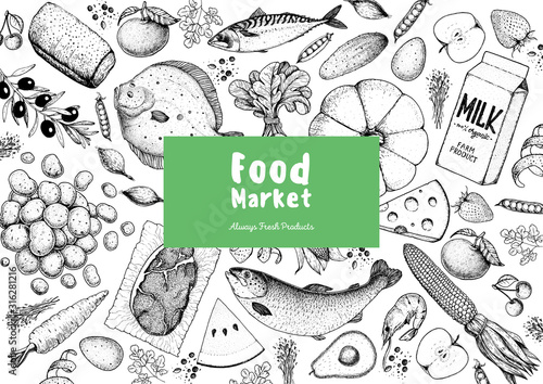 Food frame sketch. Vector illustration. Vegetables, fruits, meat hand drawn. Organic food set. Good nutrition pattern. Hand drawn food design elements.