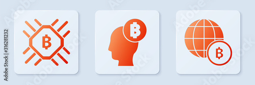 Set Bitcoin think, CPU mining farm and Globe and cryptocurrency coin Bitcoin. White square button. Vector