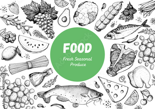 Food sketch. Vector illustration. Vegetables, fruits, meat hand drawn. Organic food set. Good nutrition pattern. Hand drawn food design elements.