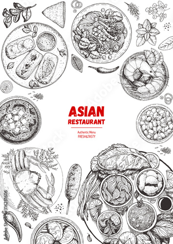 Asian cuisine sketch collection. Hand drawn vector illustration. Food menu design template, engraved elements. Asian food set.