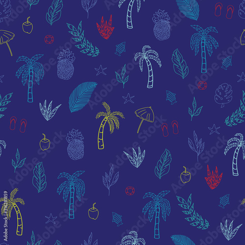 Vector classic blue tropical elements seamless pattern background