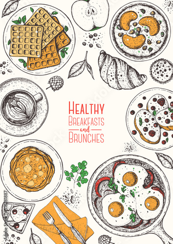 Breakfasts top view frame. Morning food menu design. Breakfast and brunches dishes collection. Vintage hand drawn sketch, vector illustration. Engraved style.