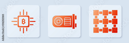Set Mining farm, CPU mining farm and Blockchain technology. White square button. Vector
